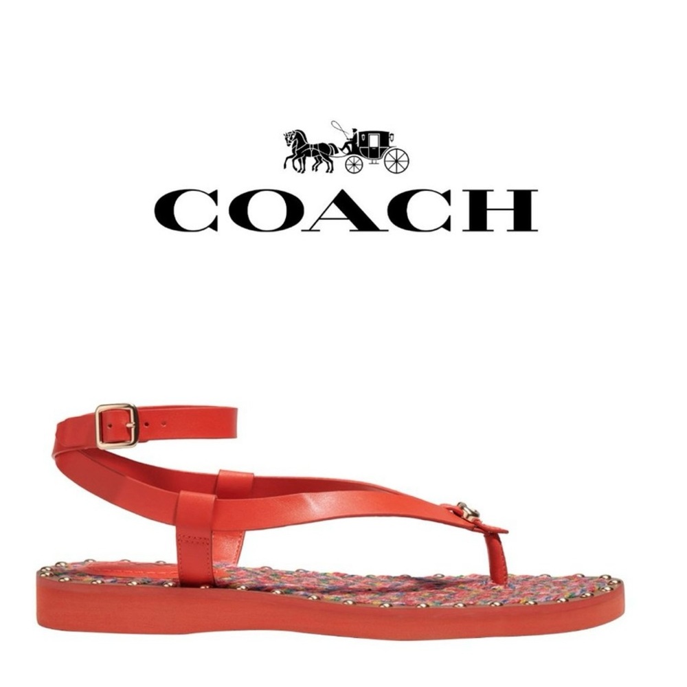 COACH Red Orange Gracey Leather Thong Sandal Size 7B - Picture 8 of 8